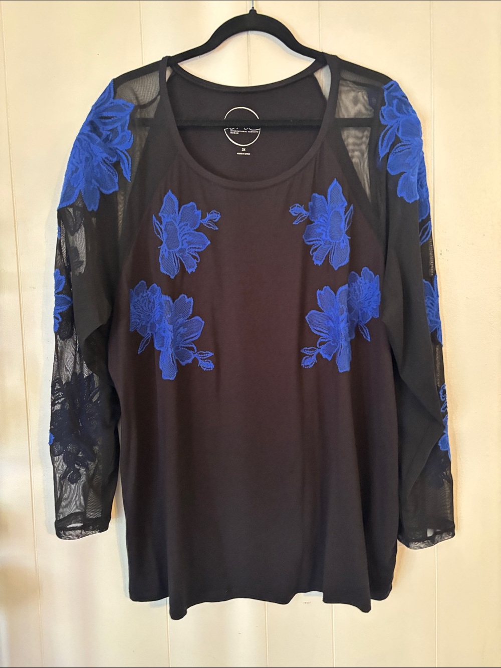 INC International Concepts Black Top with Bright Blue Floral Embroidery